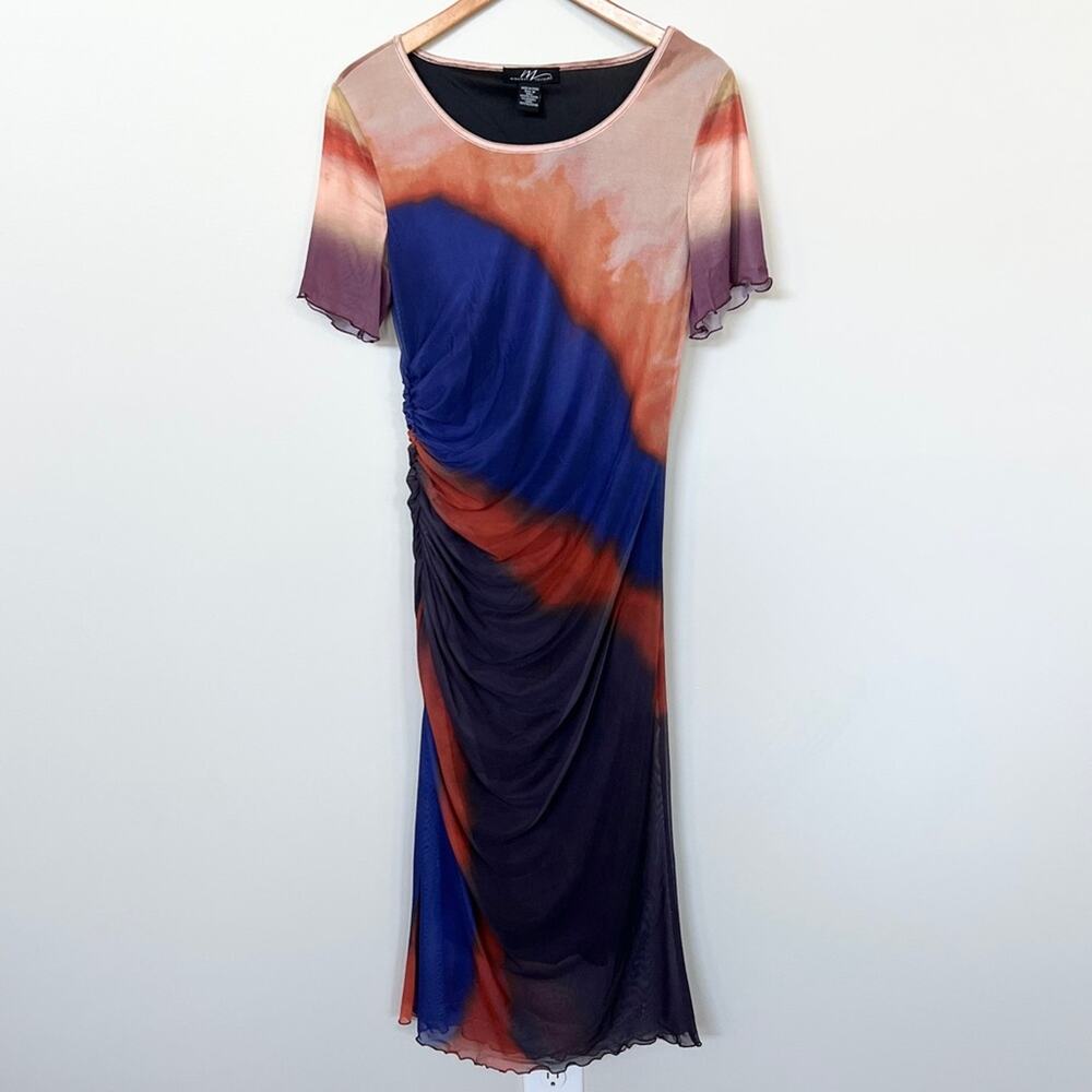 New MIDNIGHT VELVET Bodycon Mesh Gradient Color Ombre Ruching Side Dress SIZE M